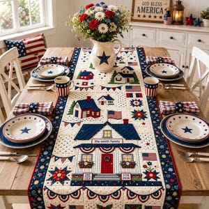 Camino de mesa personalizado America 250, decoración patriótica con nombre familiar personalizado, camino de mesa para aniversario de EE. UU. 1776-2026, decoración para el Día de la Independencia.