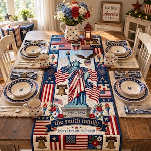 Camino de mesa con águila patriótica, camino de mesa con la bandera estadounidense, decoración del 250 aniversario de EE. UU., decoración del Día de la Independencia, camino de mesa de Estados Unidos 1776-2026