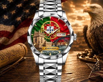Reloj personalizado de Portugal, reloj con la bandera portuguesa a medida, reloj de pulsera con el monumento de Lisboa, regalo de viaje con el nombre de Portugal para hombres, amante de Portugal