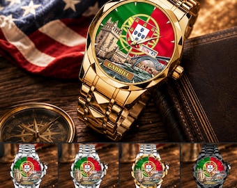 Gepersonaliseerd Portugal-horloge, aangepast Portugese vlaghorloge, Portugal Heritage Gift, Lissabon-Porto landmark horloge voor heren, Portugal Lover Watch