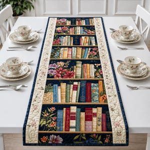 May include: A navy blue table runner featuring a bookshelf design with colorful books and floral accents. The runner is bordered with a cream-colored floral pattern and is placed on a white table with teacups and saucers.