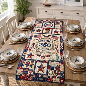Camino de mesa America 250, Camino de mesa patriótico 1776-2026, Decoración del 250 aniversario de EE. UU., Decoración de mesa del 4 de julio, Bandera de mesa estadounidense