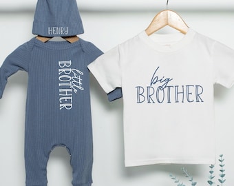 Big Brother Little Brother Matching Sibling Set, Personalized Newborn Bodysuit & Big Bro Shirt, Neutral Outfit, Baby Shower Gift
