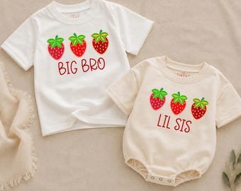 Conjunto de ropa para hermanos Berry Sweet, camiseta a juego para hermano mayor y hermana pequeña con estampado de fresas.