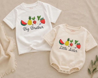 Conjunto familiar "Farm Fresh", camiseta a juego para hermana mayor y hermano menor, conjunto familiar de frutas y verduras.