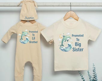 Camiseta "Ascendida a hermana mayor", conjunto para anunciar el nacimiento de un hermano/a con delfines, conjunto a juego para el hermano/a pequeño/a