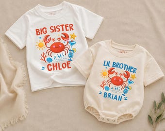 Conjunto playero para hermanos, camiseta de cangrejo para hermana mayor y hermano menor, conjunto de verano personalizado a juego.