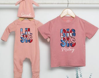 Camiseta para hermanas mayores y menores del 4 de julio, conjunto patriótico a juego para hermanas, ropa para bebés y hermanos del 4 de julio, camiseta personalizada con nombre para recién nacidos y niños.
