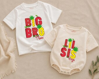 Conjunto tropical para hermanos, camiseta a juego para hermana mayor y hermano pequeño, conjunto de verano personalizado con estampado de piñas.