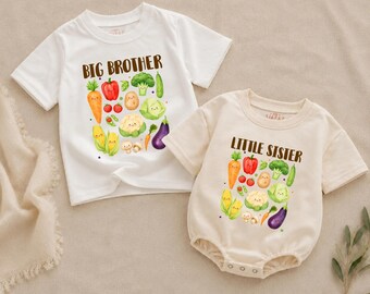 Conjunto de ropa para hermanos con temática de jardín, camiseta a juego para hermana mayor y hermano menor, conjunto familiar de verduras frescas de la granja.