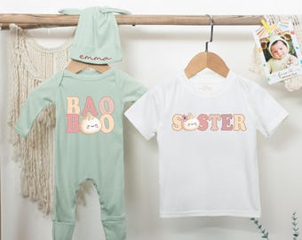 Traje a juego con nombre personalizado para Baby Bao, traje para Little Dumpling, recién nacido que llega a casa, regalo para baby shower, anuncio de hermana.