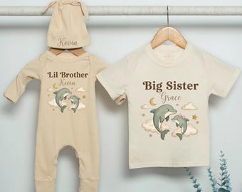 Conjunto de delfín para hermana mayor y hermano menor, camiseta personalizada para revelar la identidad de los hermanos, tema de ensueño para la habitación del bebé.
