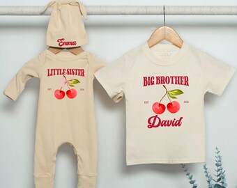Conjunto de ropa para hermanos Cherry, camiseta a juego para hermano mayor y hermana menor, conjunto de anuncio de nombre personalizado.