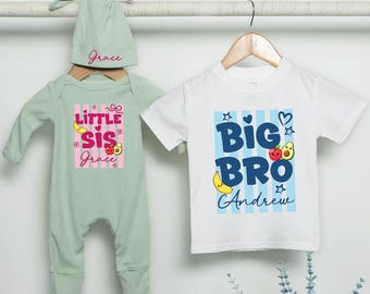 Conjunto para hermano mayor y hermana menor, linda camiseta a juego para hermanos con estampado de frutas, conjunto con nombre personalizado.