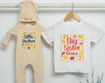 Camiseta Ocean Sibling, Conjunto a juego para hermano mayor y hermana menor, Nombre personalizado Tema playero