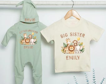 Conjunto de safari para hermanos, camiseta a juego para hermana mayor y hermano menor, conjunto personalizado de animales de la selva.