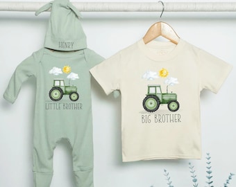 Conjunto de tractor para hermana mayor y hermano menor, camisetas personalizadas a juego para hermanos, regalo de anuncio de nacimiento con temática de granja