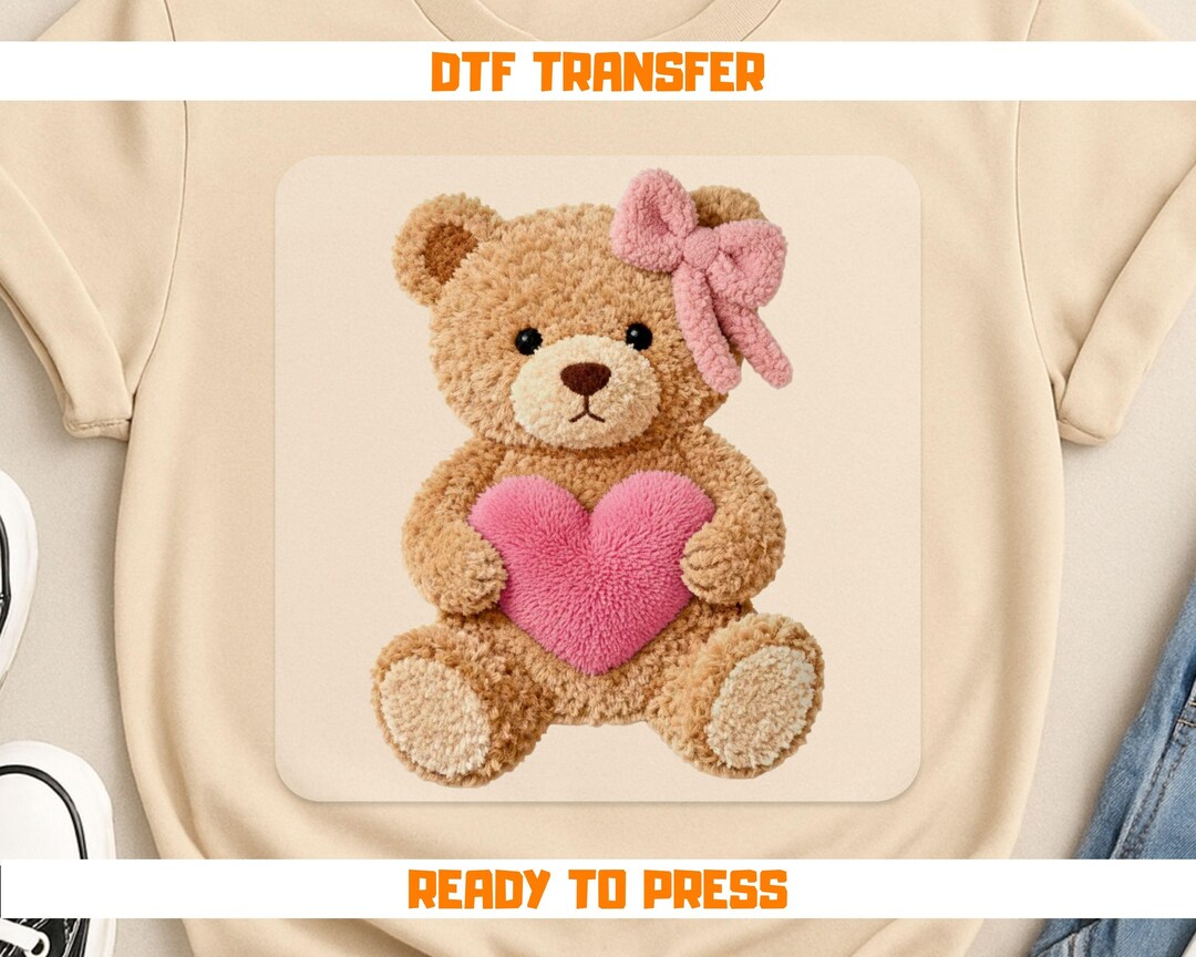 Chenille Teddy Bear DTF Transfer, Pink Bow Coquette Bear Ready to Press ...