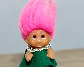 Vintage 1985 DAM Troll Doll | Pink Hair Good Luck Troll | Original Dress