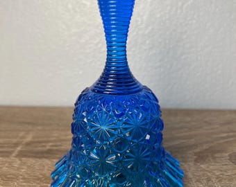 Vintage Blue Glass Bell Daisy & Button Pattern Crimped Edge Cottagecore Desk Decor Teacher Gift