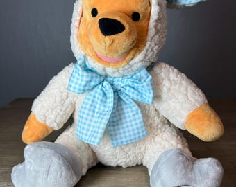 Disney Winnie the Pooh Lamb Plush – Easter Stuffed Animal – Blue Gingham Bow – Genuine Original Authentic