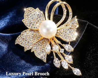 Broche de flor de perlas, broche floral dorado, broche de boda vintage para mujer, elegante broche nupcial con diamantes de imitación, joyería de regalo