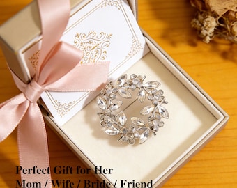 Broche de corona de cristal, broche nupcial, broche floral circular de diamantes de imitación en oro y plata, elegante broche para vestido o bufanda, regalo para mujer.