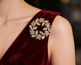 Spilla a forma di ghirlanda di cristalli, spilla da sposa, spilla floreale a cerchio con strass oro e argento, elegante spilla per abito o foulard, regalo per donna
