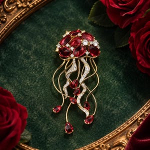 May include: A jellyfish-shaped brooch crafted in gold-tone metal, featuring a cluster of oval-cut deep red stones on the head and dangling tentacles adorned with smaller teardrop-shaped red stones and clear pavé-set crystals throughout the design.