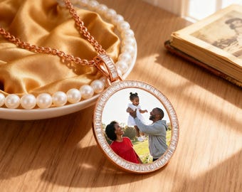 Collar con foto personalizado, colgante redondo con imagen personalizada y circonita, oro, plata y oro rosa, regalo conmemorativo para ella.