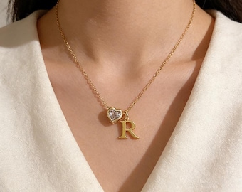 Custom Letter Heart Necklace with Birthstone – Personalized Jewelry for Her, Birthday, Anniversary, Christmas, Graduation Gift