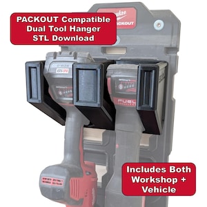 May include: A black dual tool hanger mounted on a Milwaukee Packout system, holding two power tools. The text reads: PACKOUT Compatible Dual Tool Hanger STL Download and Includes Both Workshop + Vehicle. The hanger is designed for tool storage.