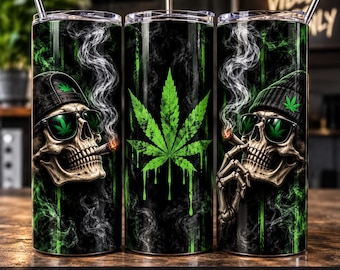 Immagine PNG di un teschio per bicchiere di cannabis / Design a sublimazione con scheletro di erba verde