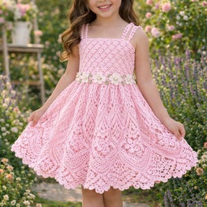 May include: A pink crochet dress with a floral belt. The dress features a square neckline and a flared skirt. The straps are made of the same crochet material as the dress. The girl is smiling and standing in a garden.