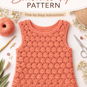 Puede incluir: Un top de ganchillo sin mangas de color coral con un patrón floral. La imagen incluye el texto "CROCHET Sleeveless Top PATTERN" y "Step-by-Step Instructions". También se ven un ovillo de lana, un ganchillo y unas tijeras.