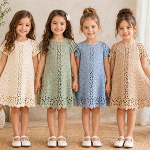 Pode incluir: Quatro vestidos de manga curta nas cores creme, verde sálvia, azul claro e bege. Cada vestido apresenta um decote redondo, um painel central vertical com um padrão de crochê aberto e uma bainha de crochê festonada com motivo floral.