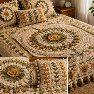 Könnte beinhalten: Eine cremefarbene, gehäkelte Tagesdecke mit einem großen zentralen Blumendesign in Gelb und Grün. Passende Kissen mit Blumen- und Blättermustern und dekorativen Quasten. Die Tagesdecke und Kissen sind aus weichem, strukturiertem Garn.