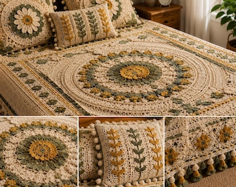 Puede incluir: Una colcha de ganchillo color crema con cojines a juego que presentan intrincados patrones florales y de hojas en tonos amarillo mostaza y verde salvia. El conjunto incluye adornos de pompones en los cojines y borlas decorativas en el borde.