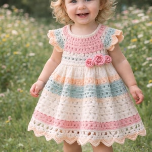 Puede incluir: Vestido de ganchillo en colores pastel con dobladillo festoneado y adornos florales. El vestido presenta rayas rosas, azules y melocotón, y lo lleva una niña pequeña. Un lazo melocotón adorna el cabello de la niña.