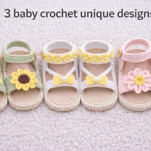 Patrón de sandalias de bebé a crochet / 3 diseños únicos: flor, girasol y lazo (descarga en PDF)