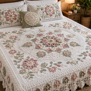 Könnte beinhalten: Eine weiße Häkelbettdecke mit Blumen- und Blättermustern, mit rosa und grünen Akzenten. Passende Kissenbezüge mit Blumendesigns und ein dekoratives Kissen mit einer Deckchen sind ebenfalls zu sehen. Die Bettdecke hat einen gewellten Rand.