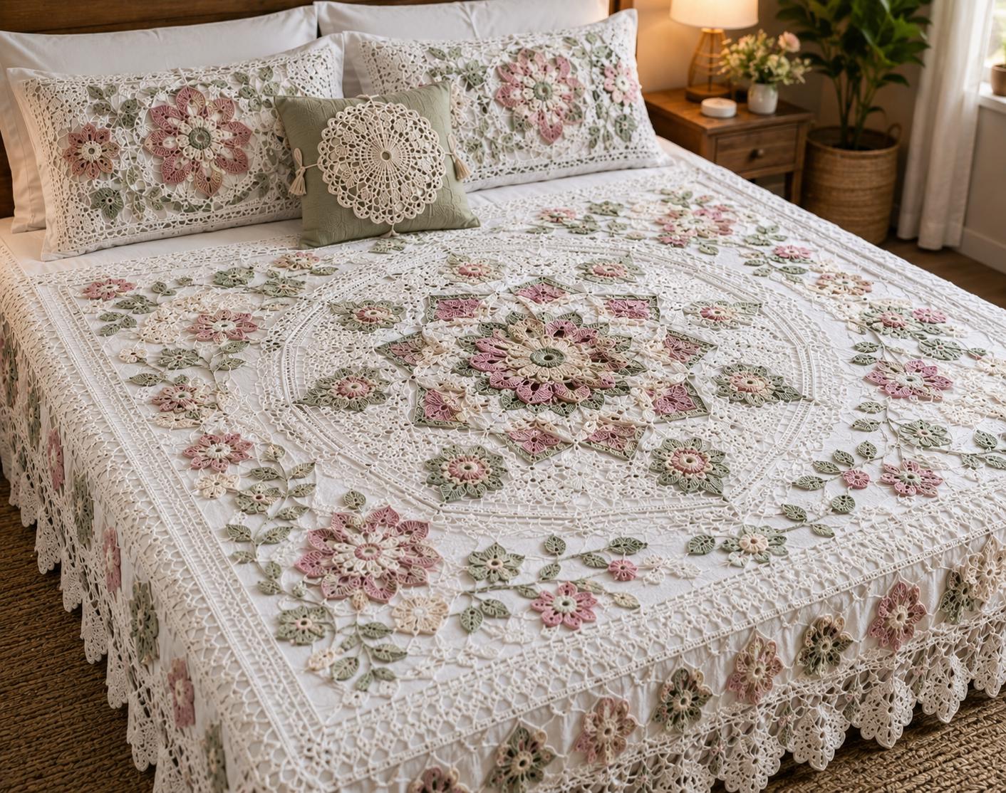 vintage lace crochet bedspread floral motifs example