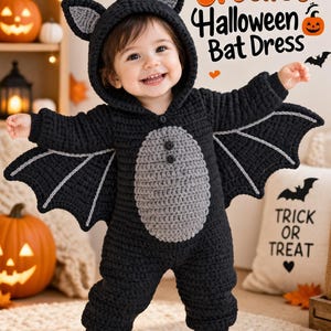 May include: A black and gray handmade crochet bat dress featuring a hooded design with bat ears, attached wing-like sleeves, and a gray belly panel with two buttons. The outfit includes matching black booties with gray accents and text reading Handmade Crochet Halloween Bat Dress.