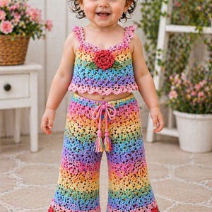 May include: A crochet rainbow-colored outfit for a toddler, featuring a top with a rose applique and matching flared pants. The outfit has a pink trim and tassels. The toddler is also wearing a pink headband and white sandals.