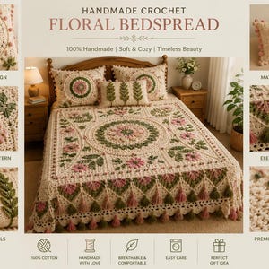 Può includere: Copriletto floreale all'uncinetto fatto a mano, color crema, con motivi floreali verdi e rosa. Il copriletto presenta un motivo floreale centrale e un'elegante bordura con nappe. Sono mostrate anche federe abbinate.