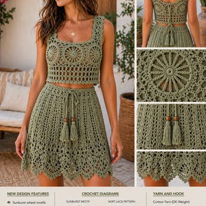 May include: Sage green crochet two-piece set featuring a crop top with sunburst wheel motifs and a matching skirt. The skirt has a drawstring with tassels and a unique scalloped border. The set is made of cotton yarn.