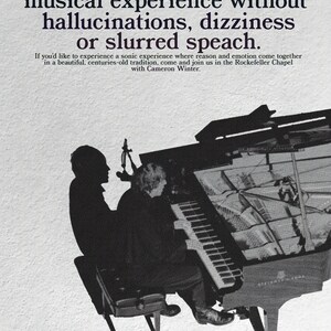May include: An advertisement for a musical experience. The image shows a grand piano with a person playing it. The text announces a musical experience without hallucinations, dizziness, or slurred speech.