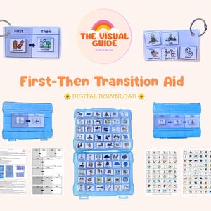 May include: Image of a "First-Then Transition Aid" digital download. The image features a light blue case with visual aids, including a keychain with "First" and "Then" cards. The cards show images like sunscreen and going outside. The text "THE VISUAL GUIDE RESOURCES" is also visible.