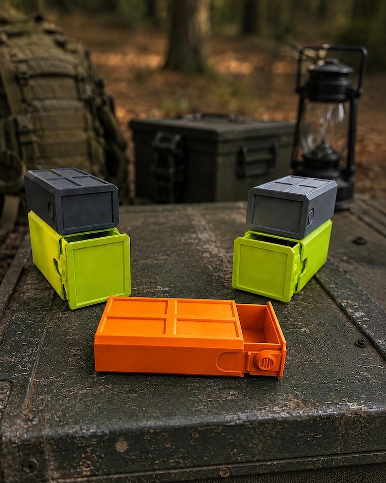 Pu&ograve; includere: Tre contenitori rettangolari con cassetti scorrevoli. Due contenitori sono impilati con basi verde lime e coperchi grigio scuro, mentre uno arancione &egrave; posizionato in piano in primo piano. Ogni unit&agrave; presenta un motivo a griglia sulla superficie.