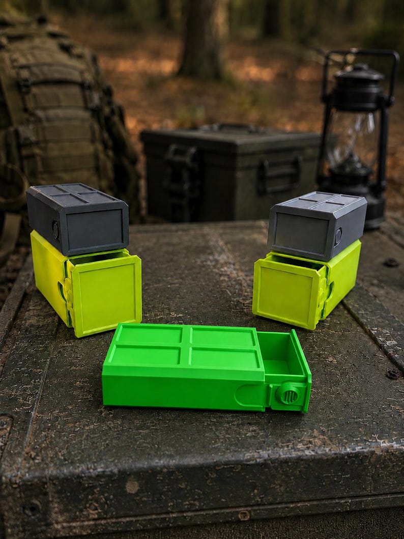 Pu&ograve; includere: Tre contenitori rettangolari con cassetti scorrevoli. Due contenitori sono impilati con coperchi grigio scuro e basi verde lime brillante. Un contenitore &egrave; posizionato in piano in primo piano, con un esterno verde lime e una manopola laterale.